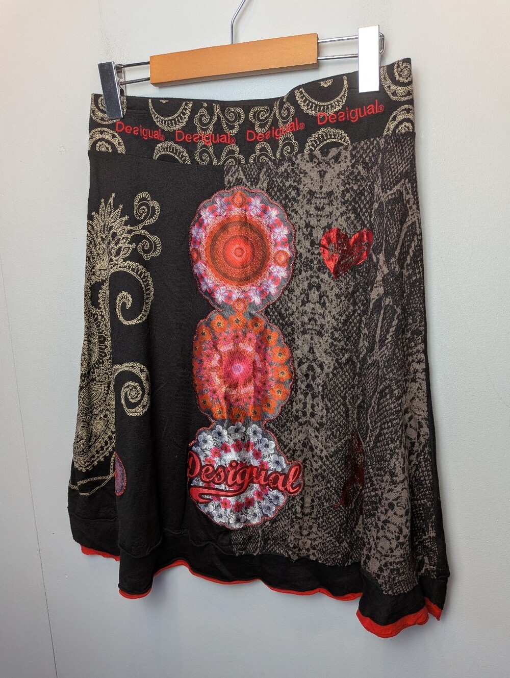 DESIGUAL Midi Asymmetrical Skirt Women Size Medium Colorful Boho Black And Red